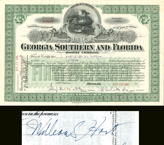 Georgia Southern and Florida Railway Co. signed by Wm. S. Hart